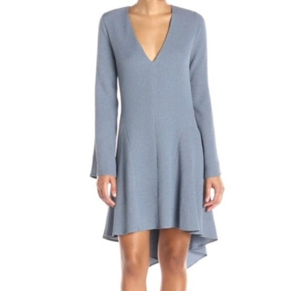 BCBGMAXAZRIA ROBYN BLUE GREY TEXTURED LONG SLEEVE HIGH LOW DRESS - L - Picture 1 of 9